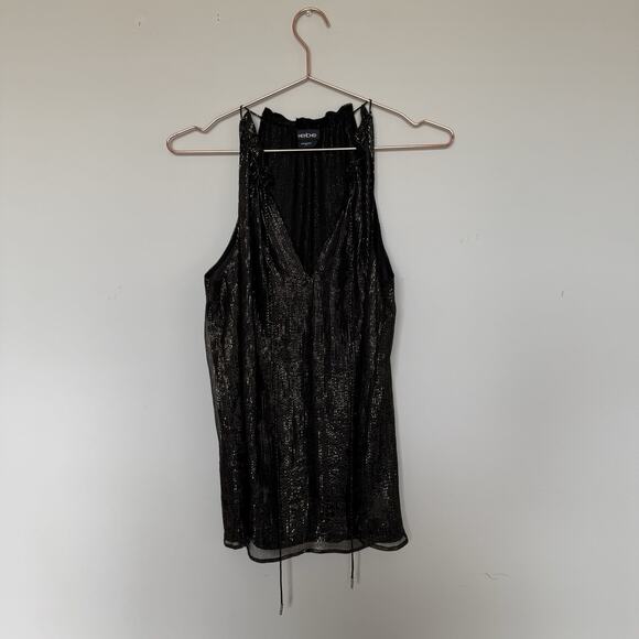 Bebe Womens Tank Top XS Black Silk Sequin Tie Neck Sleeveless Party Festival - Picture 2 of 6